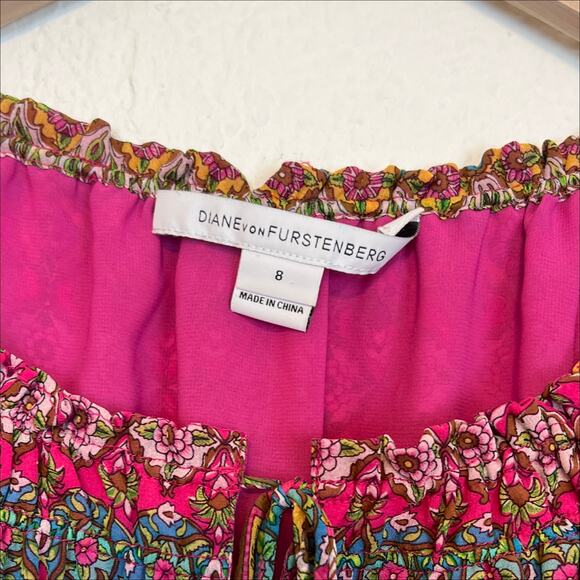 Diane Von Furstenberg Silk Peasant Parry Printed Blouson Dress Pink 8 - Picture 4 of 12